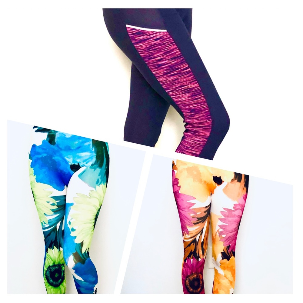 3 LEGGINGS BUNDLE Flowers Blue Pink
